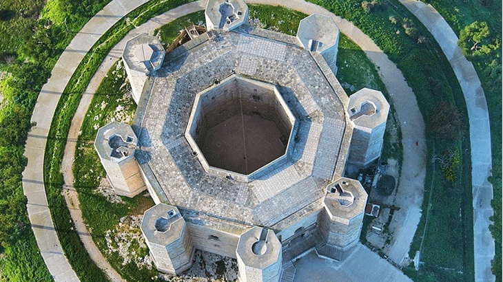 Вид сверху на замок: четкая восьмиугольная корона в камне